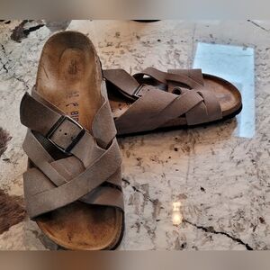 Birkenstock Lugano Gray/Beige Suede Sandals with Buckle